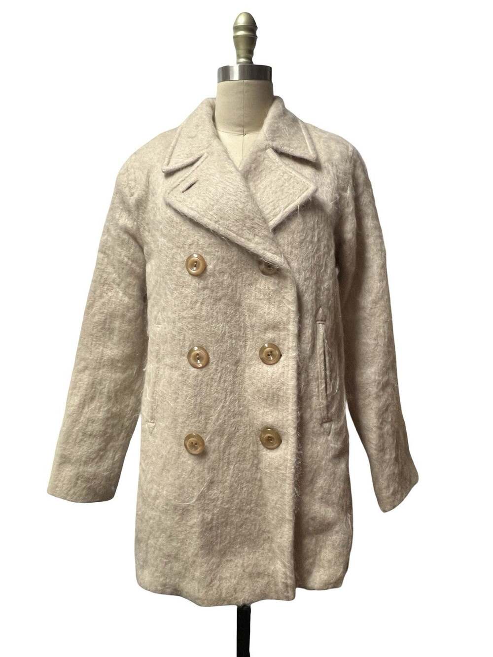 VTG Marvin Richards Double Breast Tan Peacoat Mohair Jacket Coat Sz 4 / Small